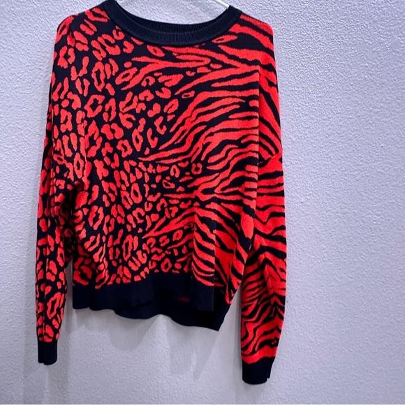 Bar III Sweaters - Bar III Red and Black Crew Neck Sweater with Animal Print